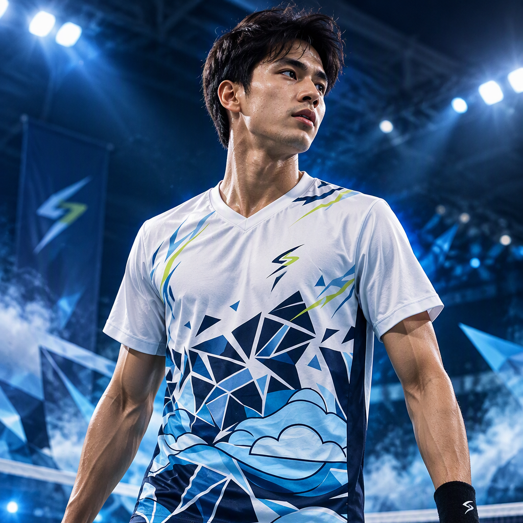 Model wearing Sky Shatter Pro white and blue badminton shirt, front view