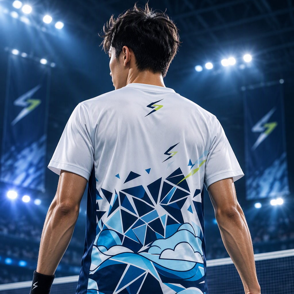 Model wearing Sky Shatter Pro white and blue badminton shirt, rear view