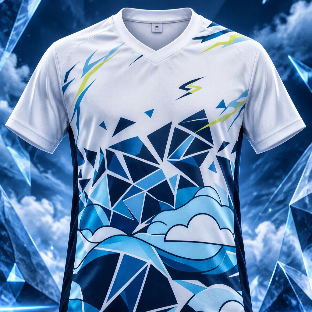 Back view of Sky Shatter Pro badminton shirt with blue geometric shards and cloud graphics