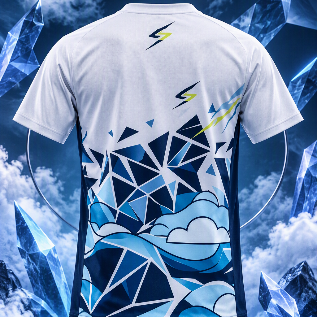Front view of Sky Shatter Pro white and blue V-neck badminton shirt with geometric and cloud graphics