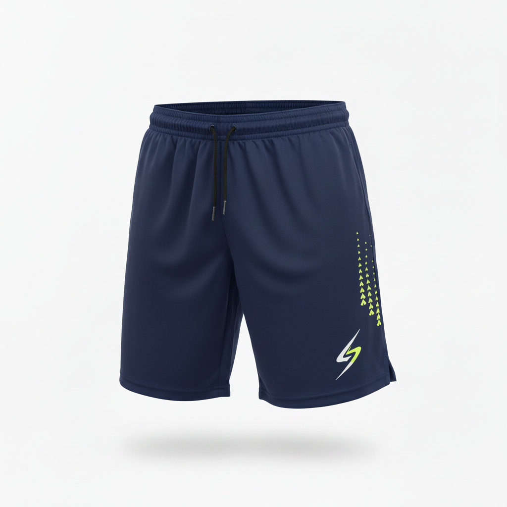 Close-up of navy blue Swish Performance Badminton Shorts fabric and drawstring detail, square format