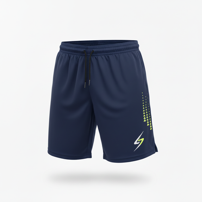 Close-up of navy blue Swish Performance Badminton Shorts fabric and drawstring detail, square format