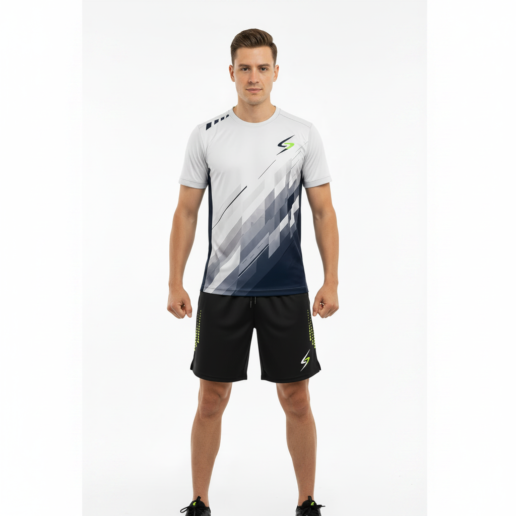 Male model wearing Swish Performance Badminton Shorts, front view, square format