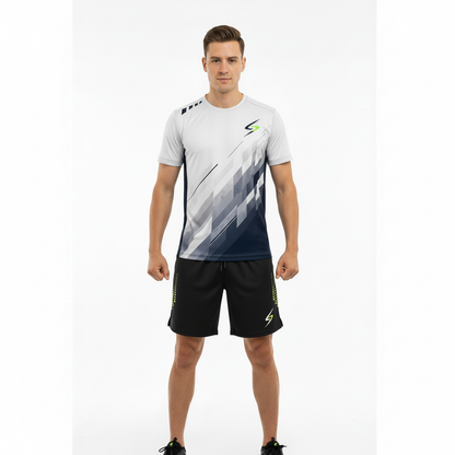 Male model wearing Swish Performance Badminton Shorts, front view, square format