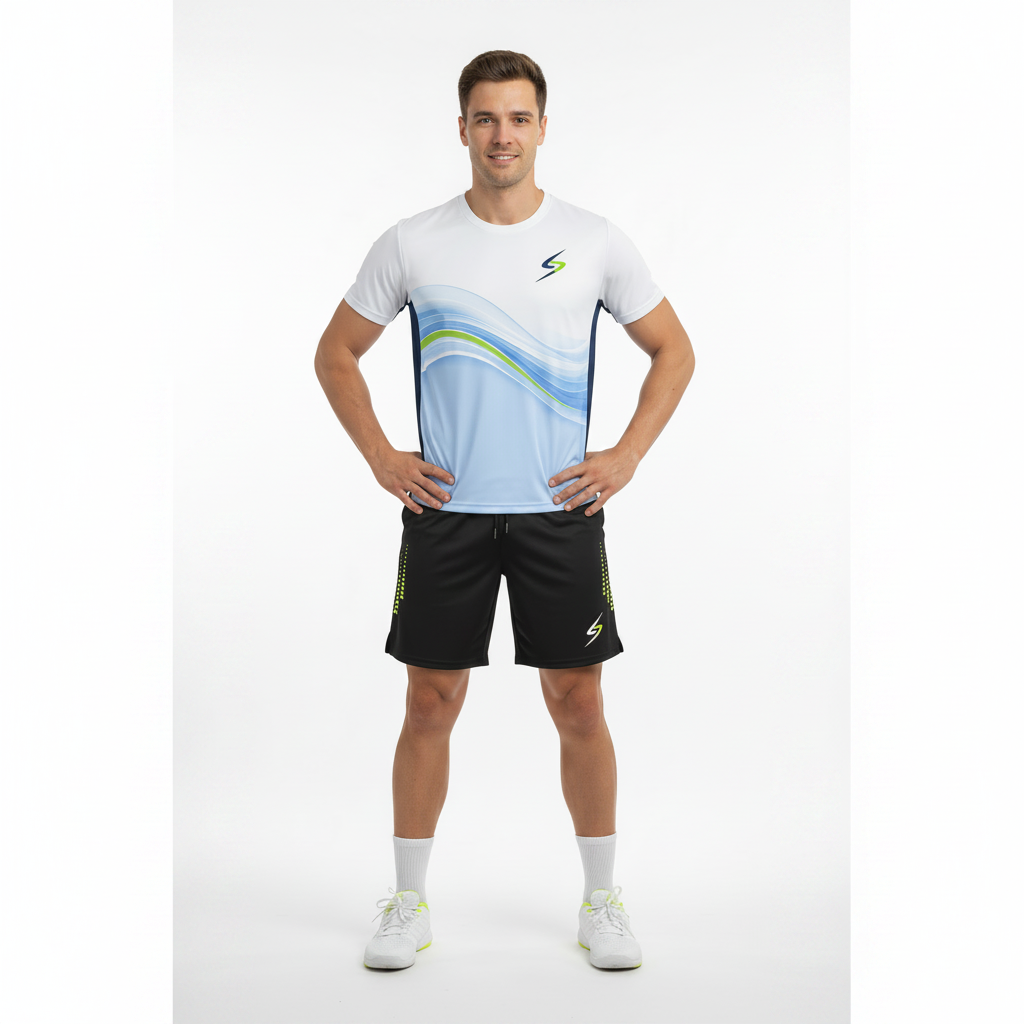 Full-body athlete wearing blue wave graphic tee and Swish Performance Badminton Shorts, square format