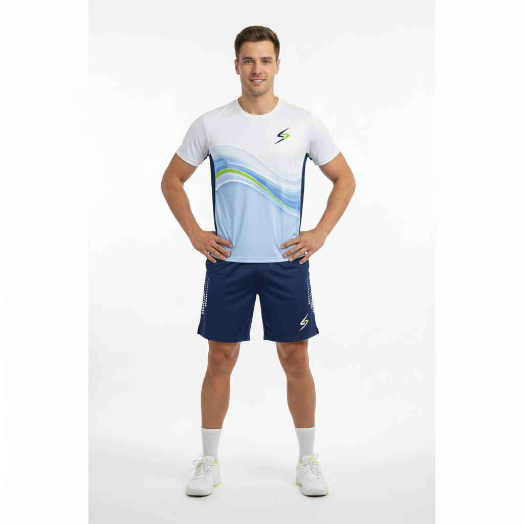 Full-body athlete wearing blue wave graphic tee and navy blue Swish Performance Badminton Shorts, square format
