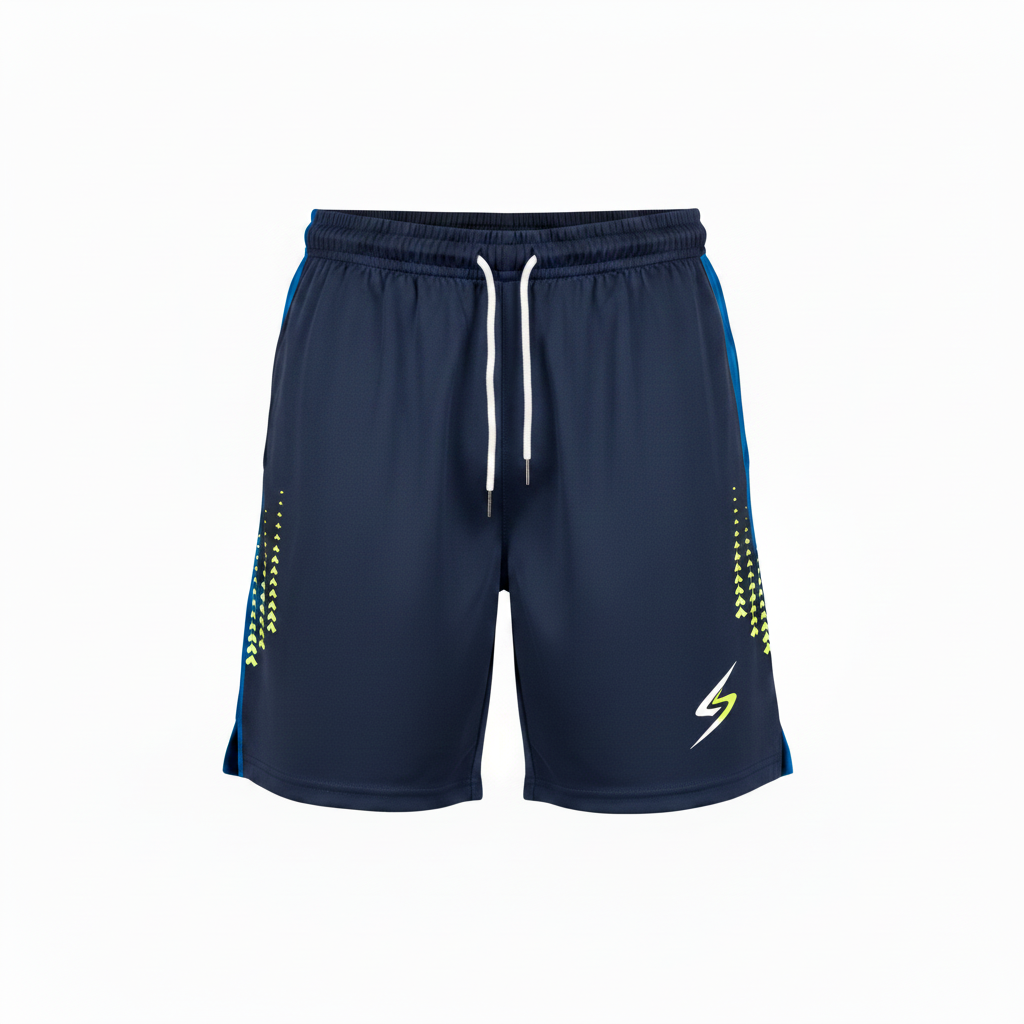 Swish Performance Badminton Shorts in navy blue, studio product mockup on white background, square format