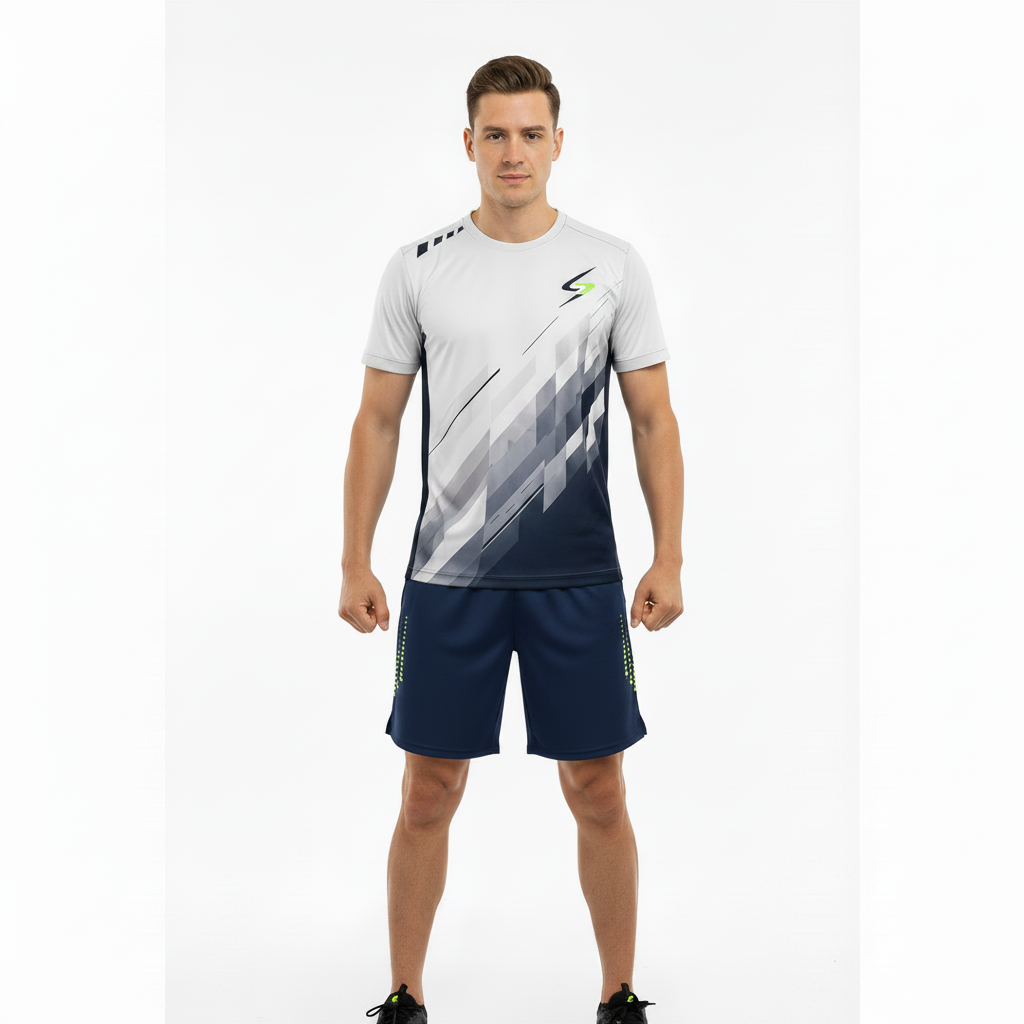 Male model wearing navy blue Swish Performance Badminton Shorts, front view, square format