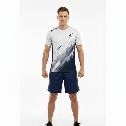 Male model wearing navy blue Swish Performance Badminton Shorts, front view, square format